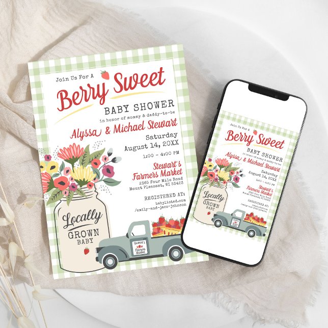 Invitation Berry Sweet Digital Farmers Market Baby Boy Douche (Sage green gingham farmers market rustic mason jar floral strawberry Berry Sweet Baby Shower digital)