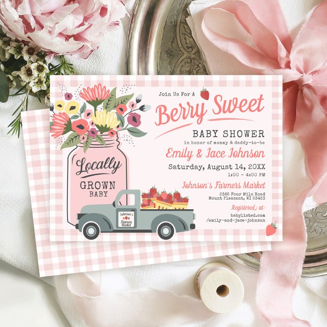 Invitation Berry Sweet Farmers Market Baby Girl Shower (Berry Sweet Farmers Market strawberries pink gingham mason jar flowers baby girl shower invitation)