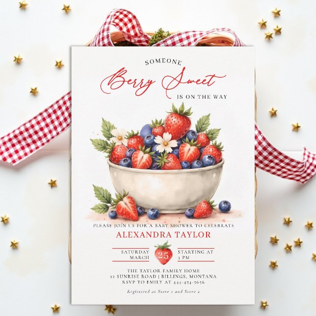 Invitation Berry Sweet Farmhouse Chic Watercolor Baby Shower (berry sweet baby shower invitation fruit strawberry blueberry theme art watercolor garden farmhouse)