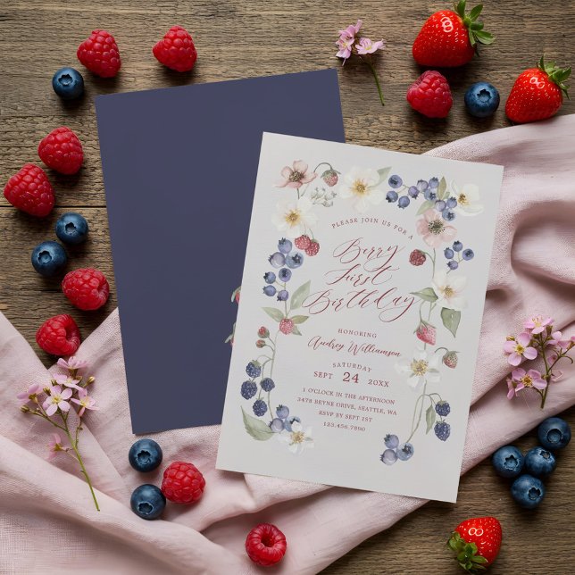 Invitation Berry Sweet First Birthday Fleurs et baies sauvage (Berry Sweet Fist Birthday Wild Berries & Flowers Invitation)