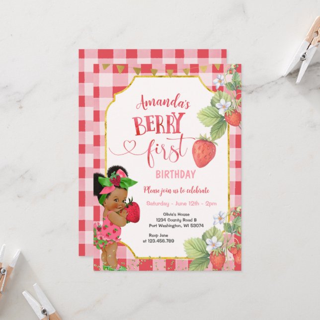 Invitation Berry Sweet FIRST Strawberry Birthday Girl Party (Devant/Arrière en situation)