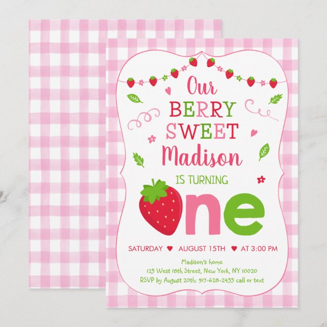 Invitation Berry Sweet fraise rose Vert premier anniversaire (Devant / Derrière)
