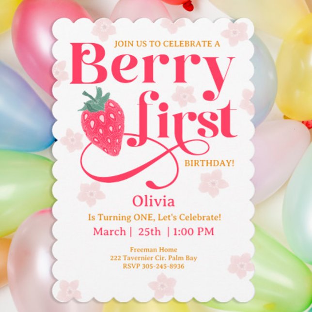 Invitation Berry Sweet Girl’s 1st Birthday Party - fraise (Créateur téléchargé)