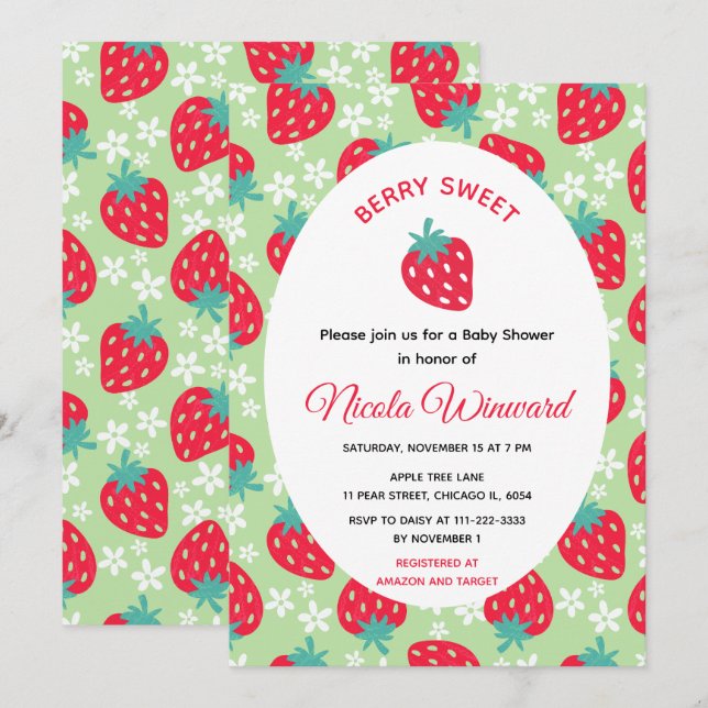 Invitation Berry Sweet Green Strawberry Baby Shower (Devant / Derrière)