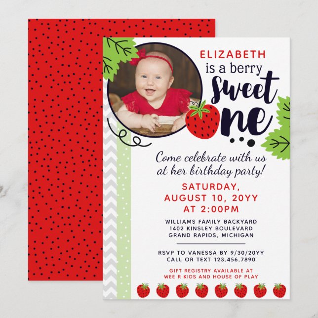 Invitation Berry Sweet ONE fraise Baby First Birthday Inv (Devant / Derrière)