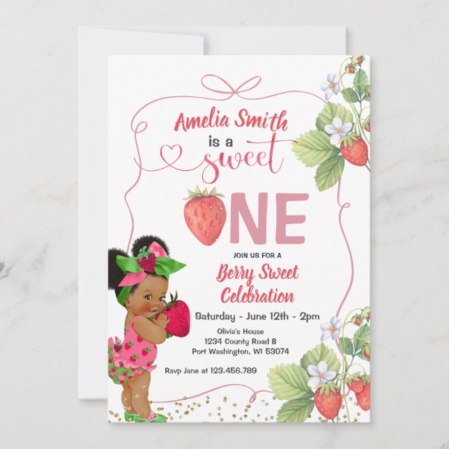 Invitation Berry Sweet ONE Fraise dessinée à la main 1er Anni (Devant)