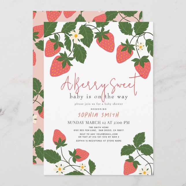 Invitation Berry Sweet Pink Fraise Baby shower fille (Devant / Derrière)