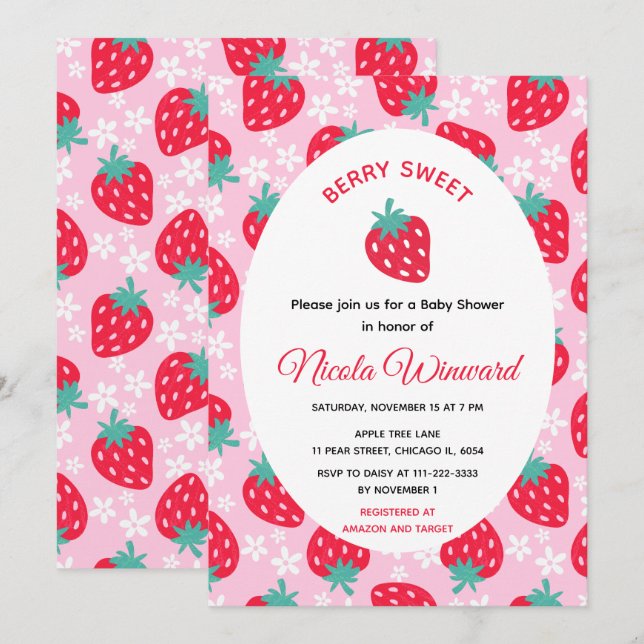 Invitation Berry Sweet Pink Strawberry Baby Shower (Devant / Derrière)