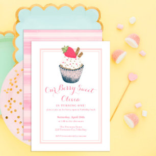 Invitation Berry Sweet Pink Strawberry Cupcake 1er anniversai