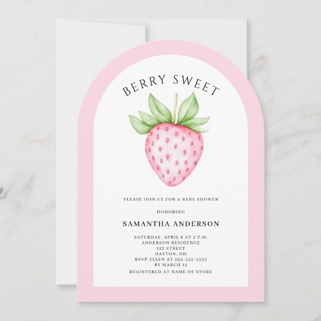 Invitation Berry Sweet rose Fraise Arch Baby shower fille (Devant)