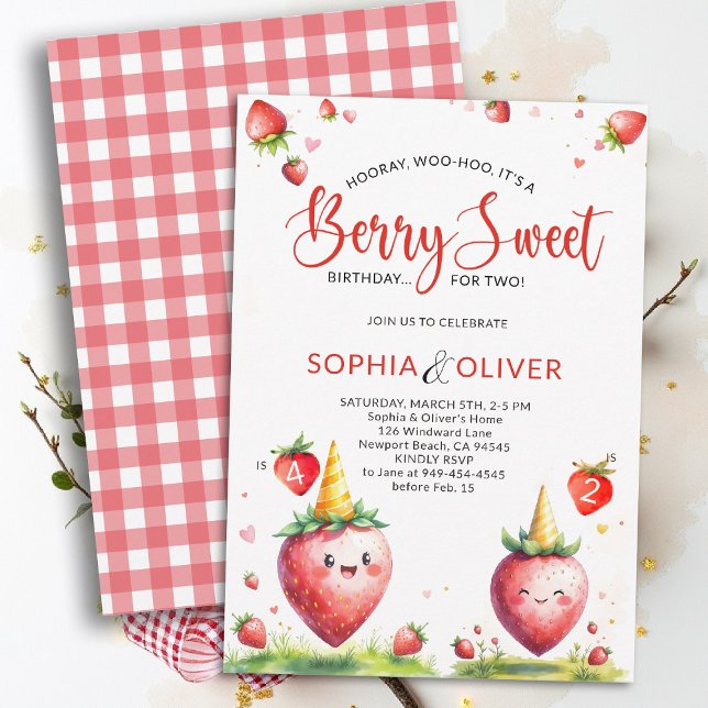 Invitation Berry Sweet Strawberries Joint 2 Siblings Birthday (berry sweet birthday party invitation siblings sisters twins cute strawberries watercolor farmhouse )