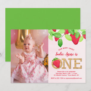 Invitation Berry Sweet Strawberry 1st Birthday Girl Photo