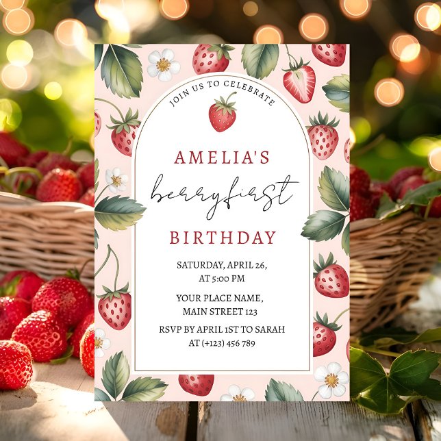Invitation Berry Sweet Strawberry 1st Birthday Party (Créateur téléchargé)