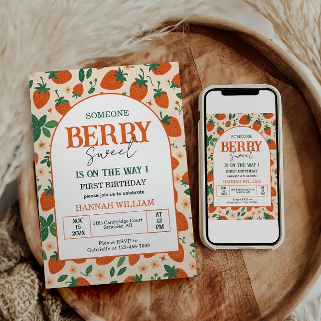Invitation Berry Sweet Strawberry 1st Birthday Party (Créateur téléchargé)