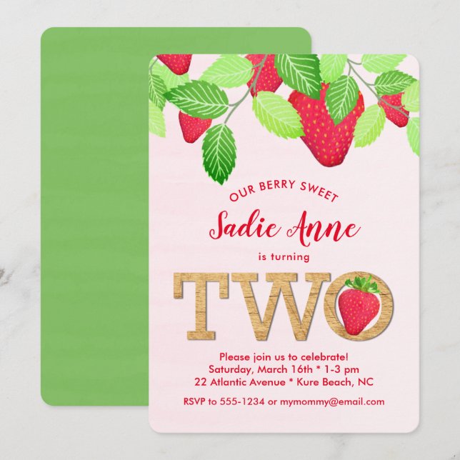 Invitation Berry Sweet Strawberry 2e anniversaire fille Red I (Devant / Derrière)