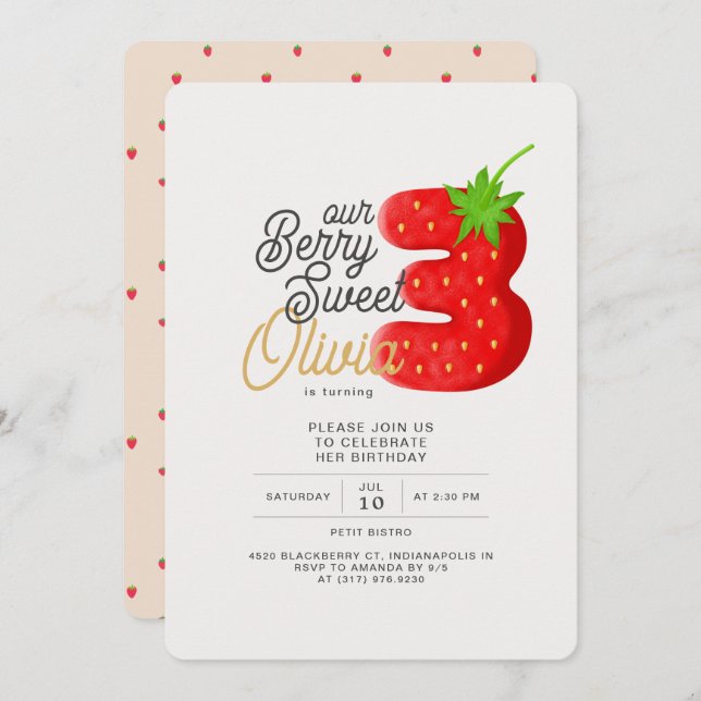 Invitation Berry Sweet Strawberry 3e anniversaire (Devant / Derrière)