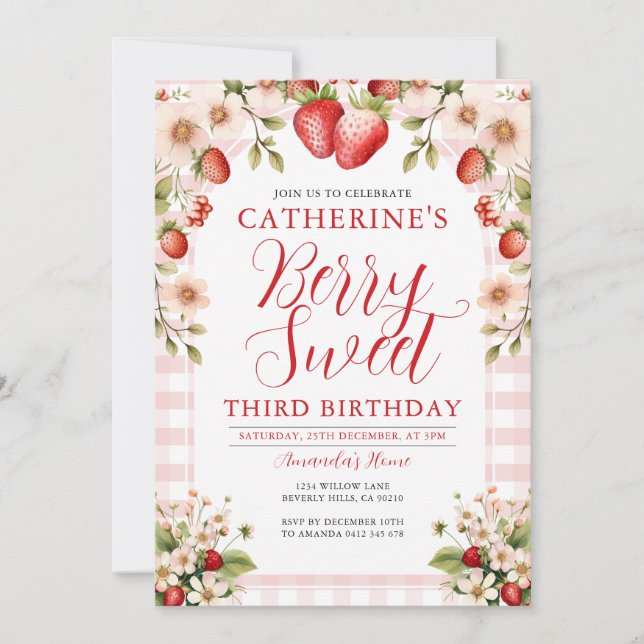Invitation Berry Sweet Strawberry 3e fête d'anniversaire Flor (Devant)