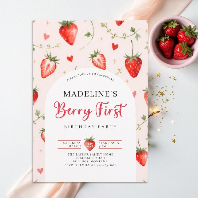 Invitation Berry Sweet Strawberry Arch Summer 1st Birthday (berry first birthday party invitation girls strawberry 1st watercolor summer farmhouse patch)