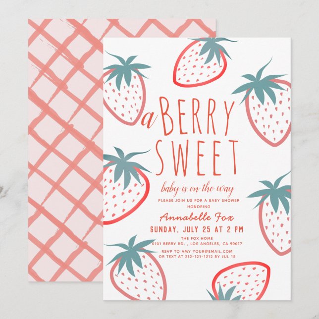 Invitation Berry Sweet Strawberry Baby shower blanc rouge (Devant / Derrière)