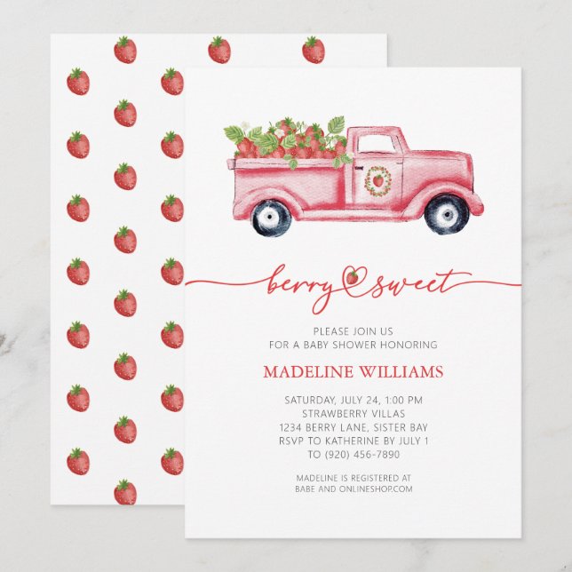 Invitation Berry Sweet Strawberry Baby shower Camion Rouge (Devant / Derrière)