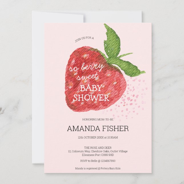 Invitation Berry Sweet Strawberry Baby shower rose rouge (Devant)