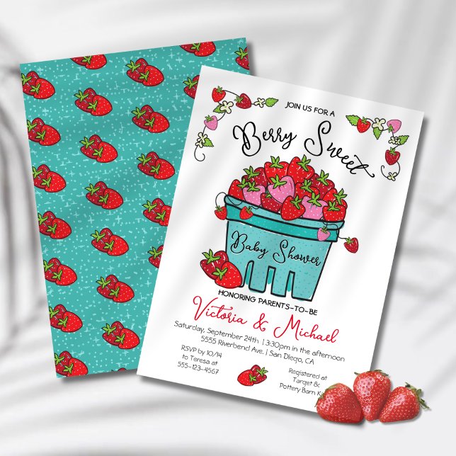 Invitation Berry Sweet Strawberry Baby shower tiré à la main (Créateur téléchargé)