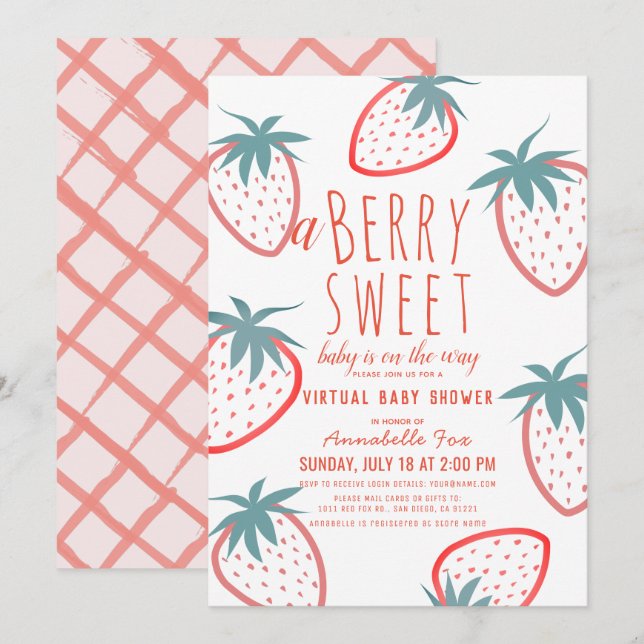 Invitation Berry Sweet Strawberry Baby shower virtuel rouge (Devant / Derrière)