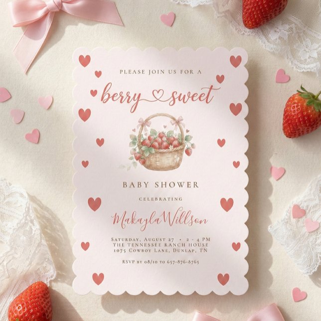Invitation Berry Sweet Strawberry Coquette Hearts Baby shower (Créateur téléchargé)