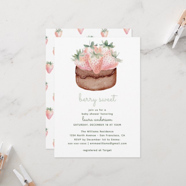 Invitation Berry Sweet Strawberry Cupcake Baby Shower (Devant/Arrière en situation)