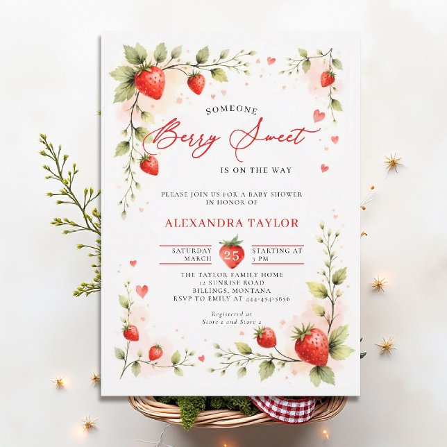 Invitation Berry Sweet Strawberry Garden Summer Baby Shower (berry sweet baby shower invitation fruit strawberry theme art watercolor garden farmhouse)