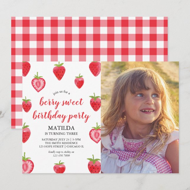 Invitation Berry Sweet Strawberry Girl Anniversaire (Devant / Derrière)