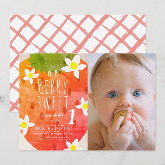 Invitation Berry Sweet Strawberry Girl Photo 1er anniversaire (Devant / Derrière)