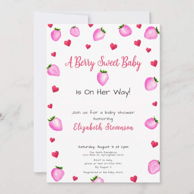 Invitation Berry Sweet Strawberry Hearts Baby shower fille (Devant)