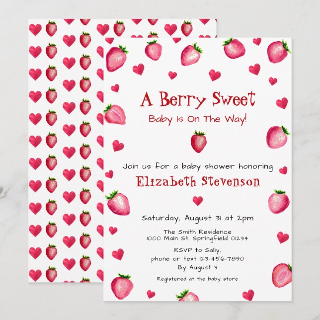 Invitation Berry Sweet Strawberry Hearts Unisex Baby shower (Devant / Derrière)