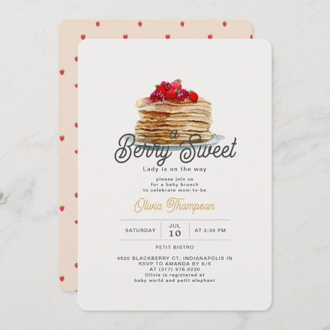 Invitation Berry Sweet Strawberry Pancakes Brunch Baby shower (Devant / Derrière)