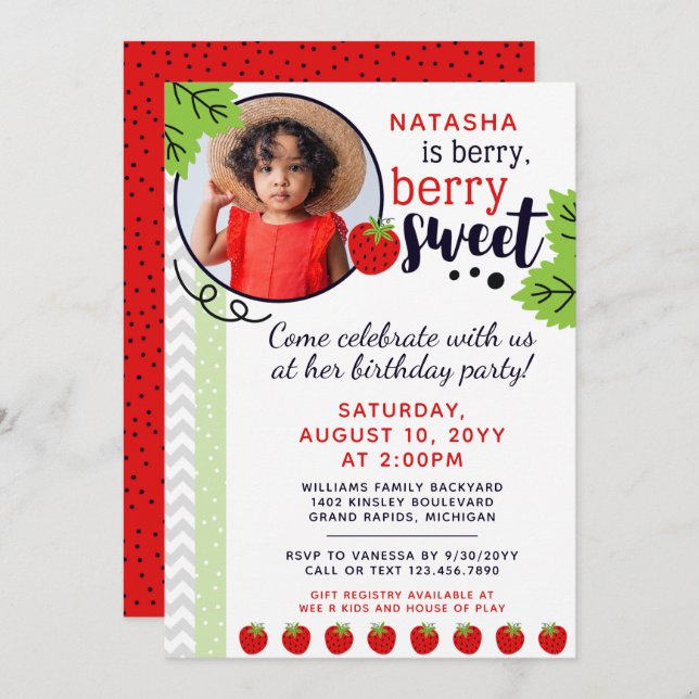 Invitation Berry Sweet Strawberry pour enfants fête d'anniver (Devant / Derrière)