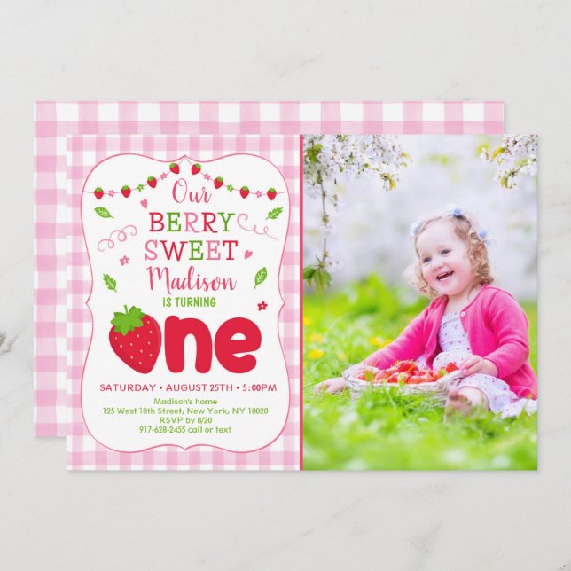 Invitation Berry Sweet Strawberry Premier anniversaire (Devant / Derrière)