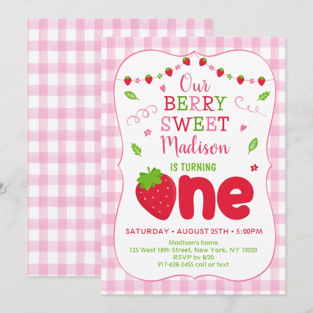 Invitation Berry Sweet Strawberry Premier anniversaire (Devant / Derrière)