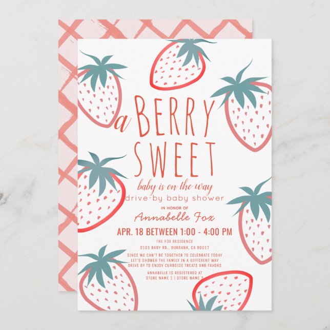 Invitation Berry Sweet Strawberry Red Baby shower Drive-by (Devant / Derrière)
