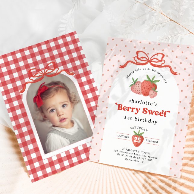 Invitation Berry Sweet Strawberry Red Bow Birthday Photo (Créateur téléchargé)