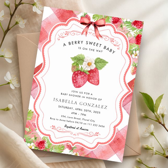 Invitation Berry Sweet Strawberry Red En vichy Baby shower (Berry Sweet Strawberry Red Gingham Baby Shower Invitation)