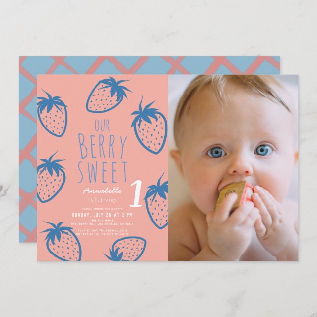 Invitation Berry Sweet Strawberry rose 1er anniversaire Photo (Devant / Derrière)