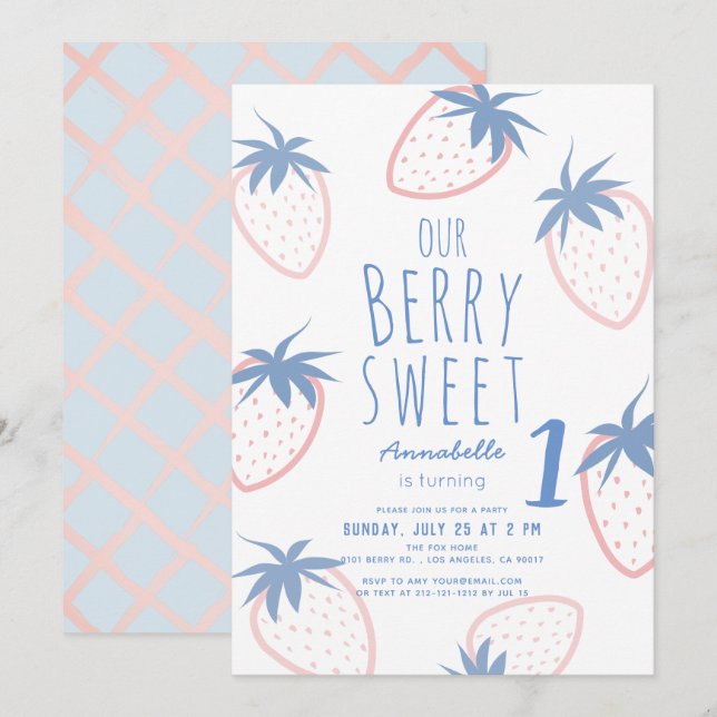 Invitation Berry Sweet Strawberry rose blanc 1er anniversaire (Devant / Derrière)