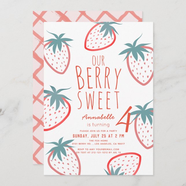 Invitation Berry Sweet Strawberry Rouge Blanc Anniversaire (Devant / Derrière)
