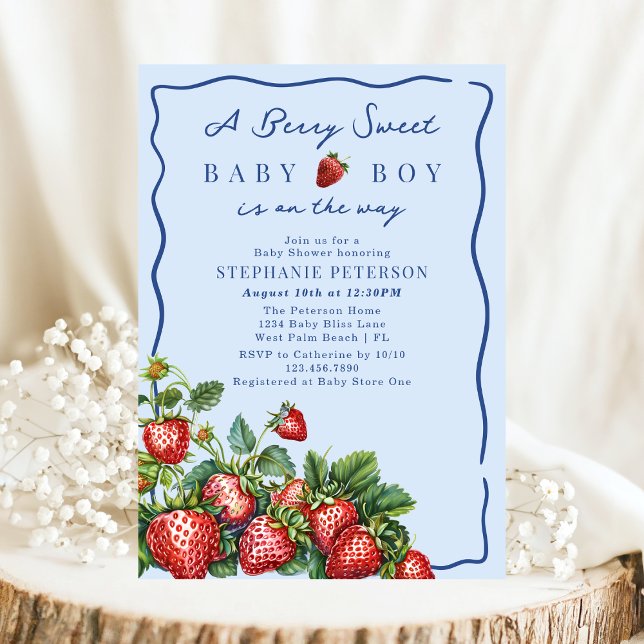 Invitation Berry Sweet Strawberry Summer Blue Boy Baby Shower (Créateur téléchargé)