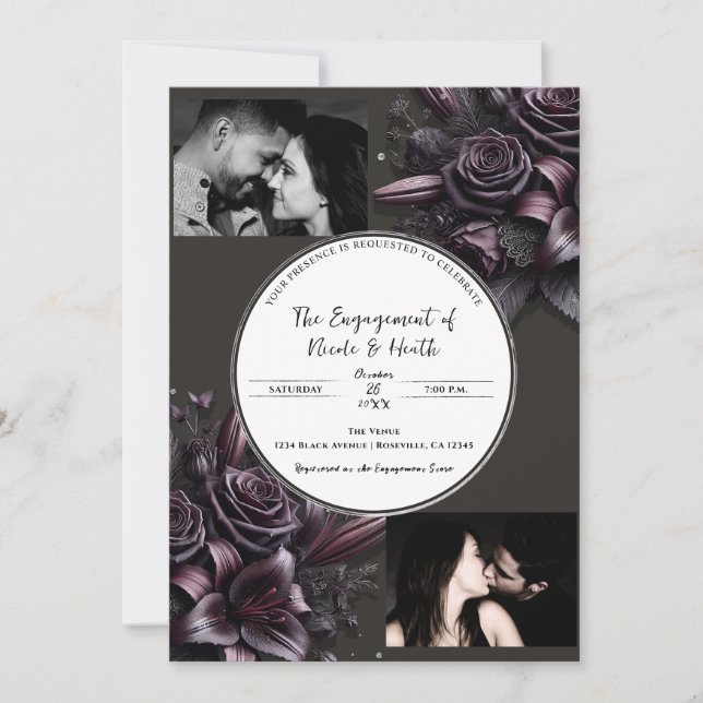 Invitation Berry Violet & Black Lily Rose Florale Engagement (Devant)