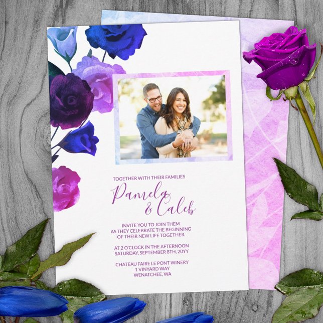 Invitation Berry Violet, Bleu royal, Roses roses roses Mariag (Purple pink blue wine red wedding bouquet garden wedding summer botanical wedding invitations berry)
