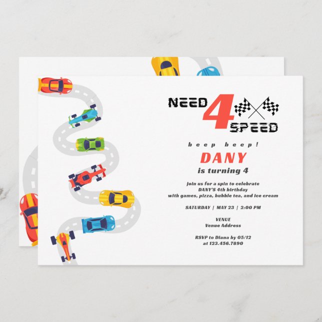 Invitation Besoin 4 Speed Motor Car Racing Boy Quatrième anni (Devant / Derrière)