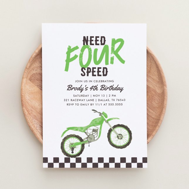 Invitation Besoin de 4 Speed Green Dirt Vélo Boy 4e anniversa (Créateur téléchargé)