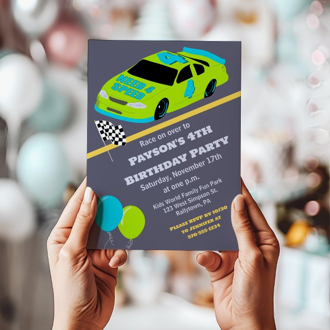 Invitation Besoin de 4 Speed Race Car Boys 4th Birthday Party (Créateur téléchargé)